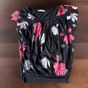 BaiShengGT Black Floral Chiffon Blouse Pink Rose Boho Cottagecore Top Size M